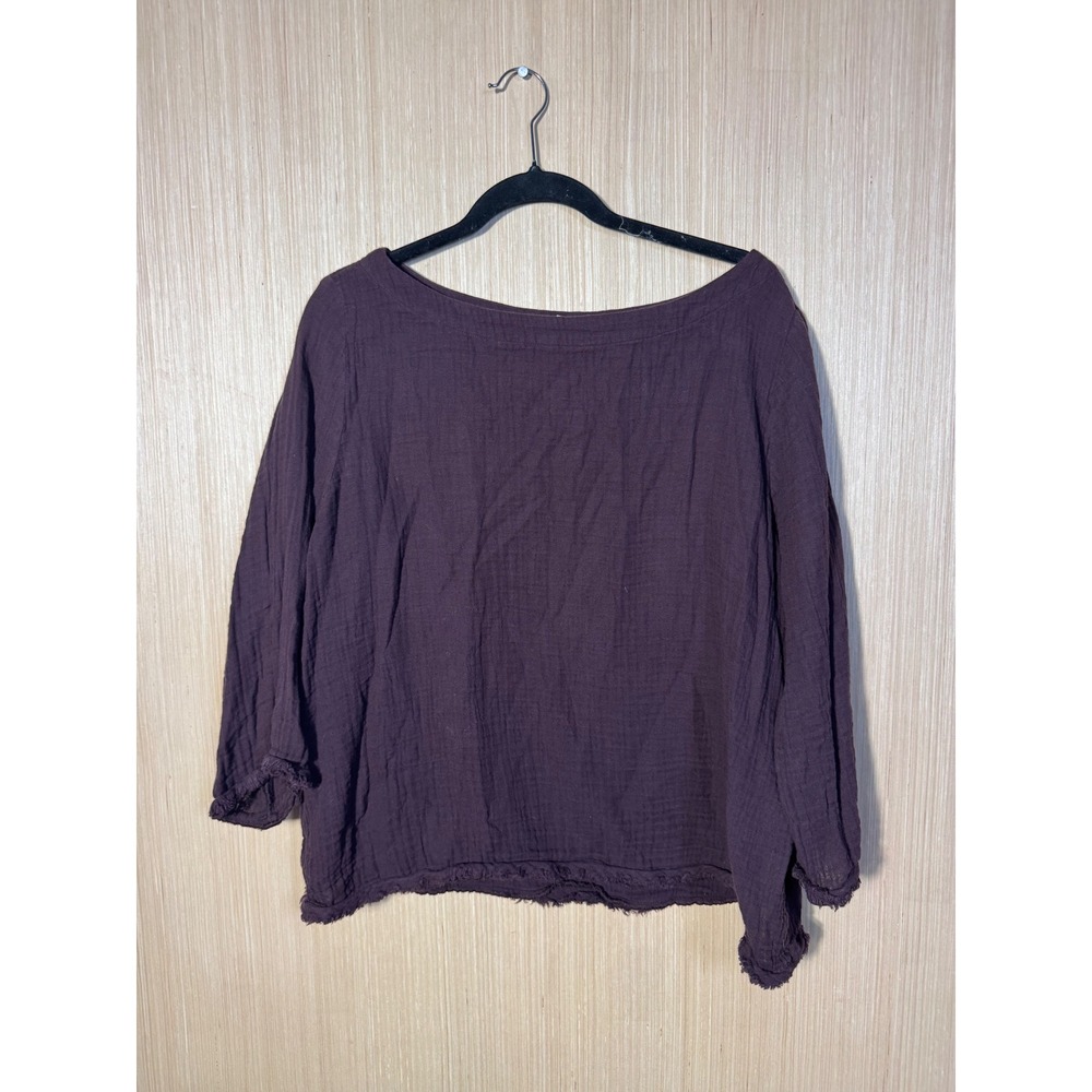 Eileen Fisher Organic Cotton Double Gauze Boat Neck Top Plum Purple Large